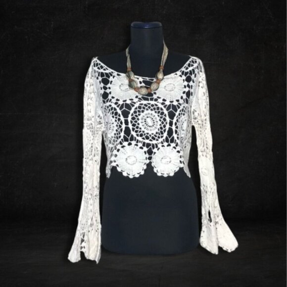 Forever 21 Crochet Top Bell Sleeves Lace Floral Off White Small - Picture 2 of 11